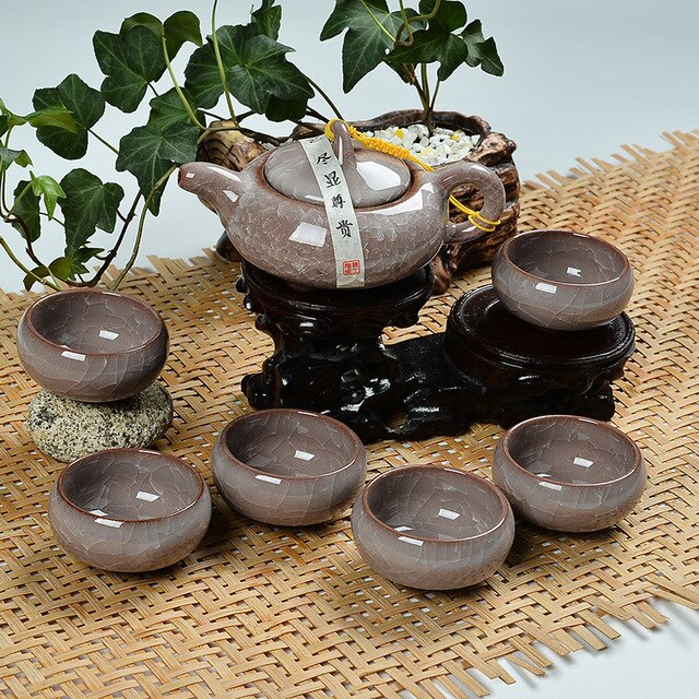 Zestaw do herbaty Kung Fu Teaware - porcelanowa ceramiczna filiżanka z 6 dzbankami i kubkiem, glina purpurowa, lód pęknięta glazura - Wianko - 6