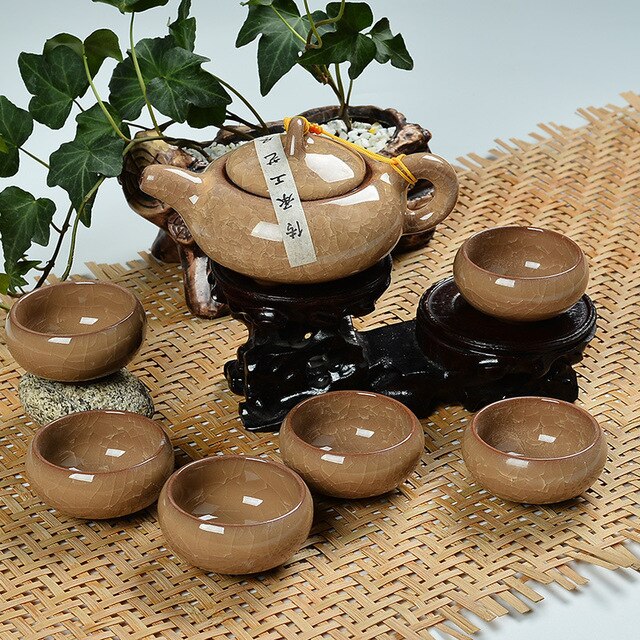 Zestaw do herbaty Kung Fu Teaware - porcelanowa ceramiczna filiżanka z 6 dzbankami i kubkiem, glina purpurowa, lód pęknięta glazura - Wianko - 7