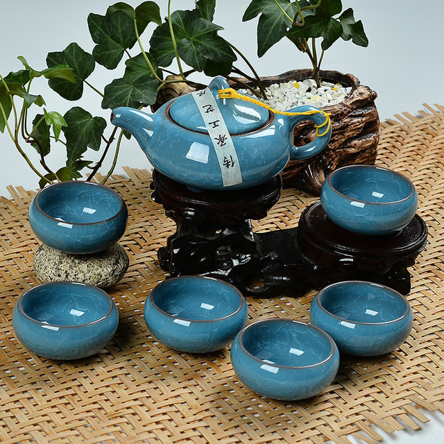 Zestaw do herbaty Kung Fu Teaware - porcelanowa ceramiczna filiżanka z 6 dzbankami i kubkiem, glina purpurowa, lód pęknięta glazura - Wianko - 5