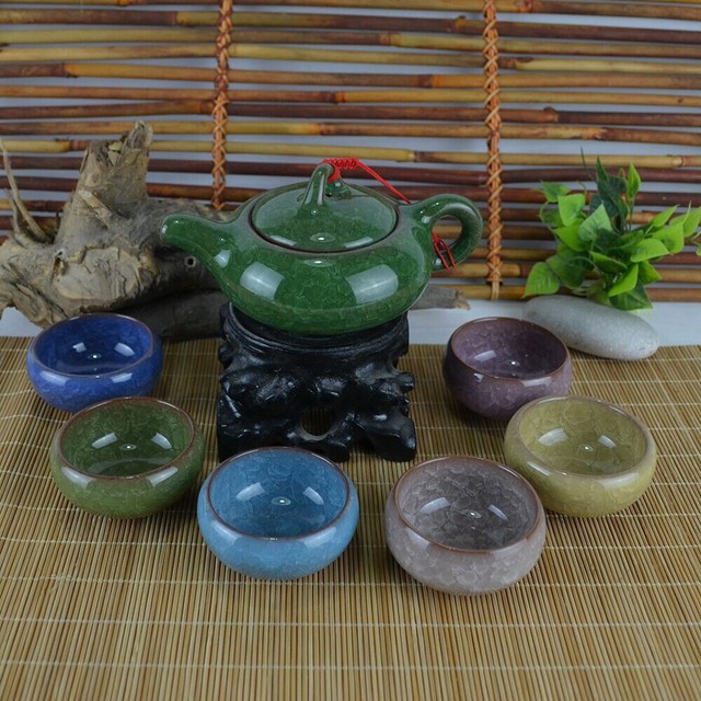 Zestaw do herbaty Kung Fu Teaware - porcelanowa ceramiczna filiżanka z 6 dzbankami i kubkiem, glina purpurowa, lód pęknięta glazura - Wianko - 2