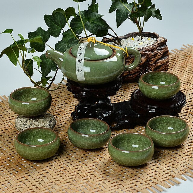 Zestaw do herbaty Kung Fu Teaware - porcelanowa ceramiczna filiżanka z 6 dzbankami i kubkiem, glina purpurowa, lód pęknięta glazura - Wianko - 8