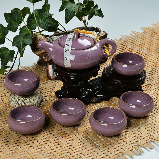 Zestaw do herbaty Kung Fu Teaware - porcelanowa ceramiczna filiżanka z 6 dzbankami i kubkiem, glina purpurowa, lód pęknięta glazura - Wianko - 9
