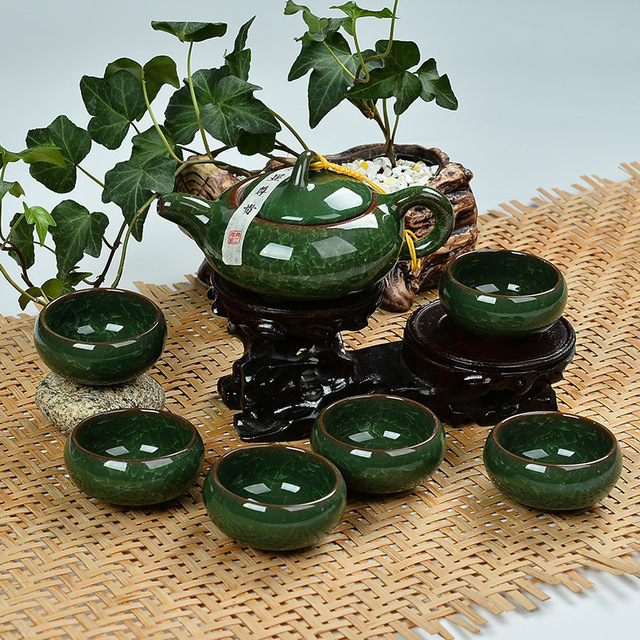 Zestaw do herbaty Kung Fu Teaware - porcelanowa ceramiczna filiżanka z 6 dzbankami i kubkiem, glina purpurowa, lód pęknięta glazura - Wianko - 1