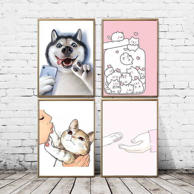 Uroczy obraz na płótnie - różowy kot kreskówkowy i pies dekoracyjne zdjęcie na ścianę do sypialni i salonu - Wianko - 3