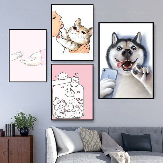 Uroczy obraz na płótnie - różowy kot kreskówkowy i pies dekoracyjne zdjęcie na ścianę do sypialni i salonu - Wianko - 4