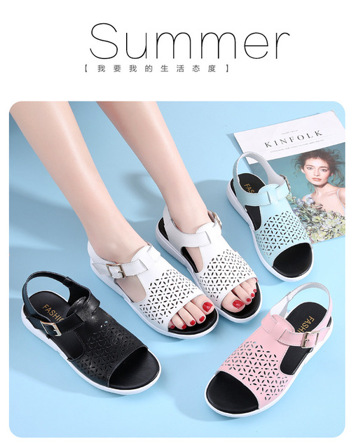 Nowe letnie skórzane sandały z płaskim obcasem dla kobiet w stylu 2021 - Wianko - 18