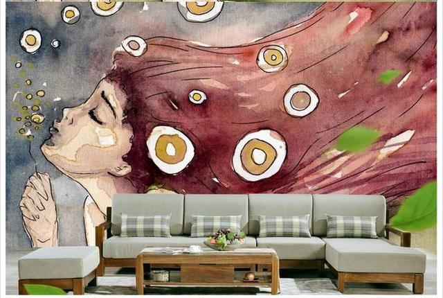 Mural tapeta 3D z zamówionym zdjęciem, akwarela, dmuchanie bańka, dziewczyna z długimi włosami - dekoracje ścienne - Wianko - 7