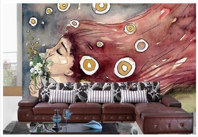 Mural tapeta 3D z zamówionym zdjęciem, akwarela, dmuchanie bańka, dziewczyna z długimi włosami - dekoracje ścienne - Wianko - 9