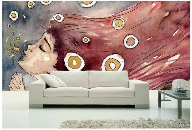 Mural tapeta 3D z zamówionym zdjęciem, akwarela, dmuchanie bańka, dziewczyna z długimi włosami - dekoracje ścienne - Wianko - 8