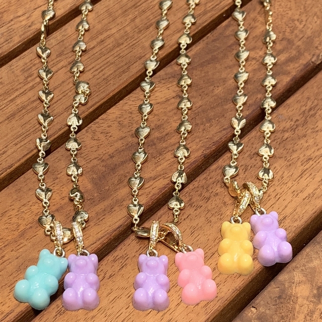 Naszyjnik łańcuszkowy z żywicznym niedźwiedziem Gummy - prosty złoty metal, kolorowe cukierki, prezenty dla kobiet - Wianko - 16