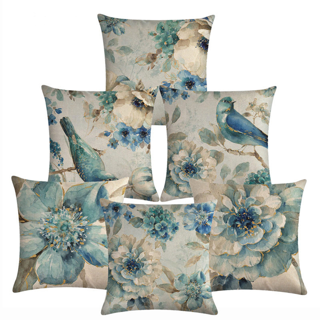 Poszewka na poduszkę bawełniana z motywem ptaków i kwiatów 45*45 do dekoracji wnętrz - Wianko - 3