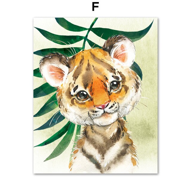 Śliczne malarstwo na płótnie ze zwierzętami: lew, żyrafa, tygrys, zebra i zielone liście - dekoracje ścienne dla dzieci - Wianko - 10