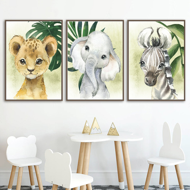 Śliczne malarstwo na płótnie ze zwierzętami: lew, żyrafa, tygrys, zebra i zielone liście - dekoracje ścienne dla dzieci - Wianko - 4