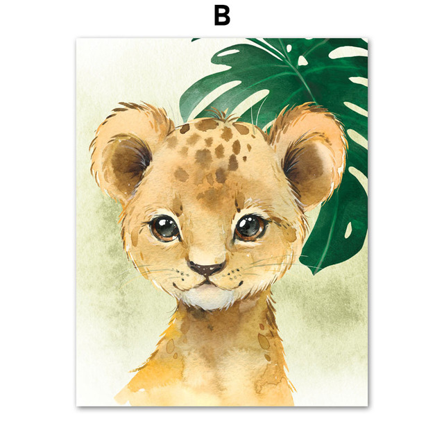 Śliczne malarstwo na płótnie ze zwierzętami: lew, żyrafa, tygrys, zebra i zielone liście - dekoracje ścienne dla dzieci - Wianko - 6