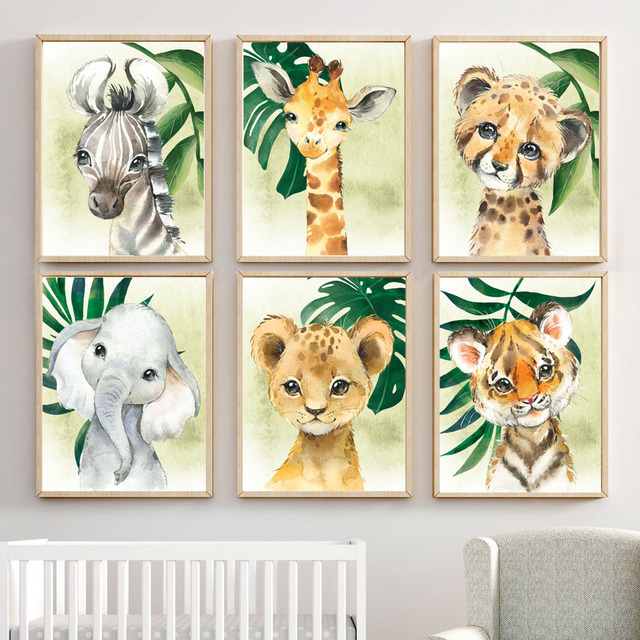 Śliczne malarstwo na płótnie ze zwierzętami: lew, żyrafa, tygrys, zebra i zielone liście - dekoracje ścienne dla dzieci - Wianko - 2
