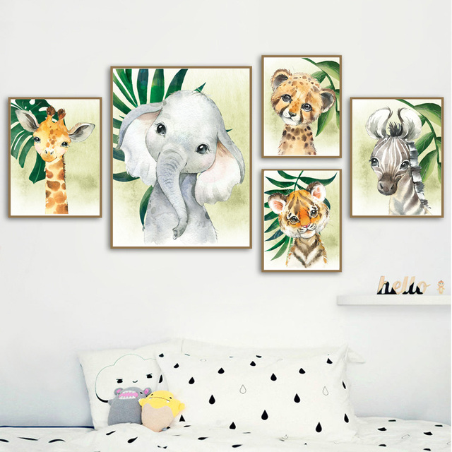 Śliczne malarstwo na płótnie ze zwierzętami: lew, żyrafa, tygrys, zebra i zielone liście - dekoracje ścienne dla dzieci - Wianko - 3