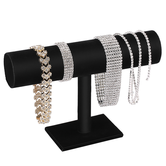Stojak na biżuterię - czarny wyświetlacz z aksamitną/skórzaną powierzchnią, T Bar, uchwyt na bransoletkę, łańcuch zegarka i naszyjnik - Wianko - 1