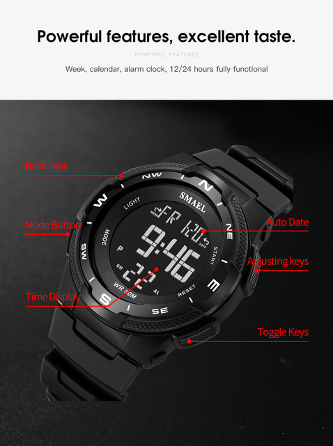 Zegarek sportowy dla mężczyzn SMAEL z wyświetlaczem LED, wodoodporny, relogio reloj 1362B - Wianko - 5