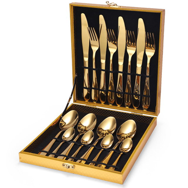 Luksusowy zestaw sztućców Lidafish 16 sztuk - złote noże, widelce, łyżki ze stali nierdzewnej do restauracji i domu - Wianko - 9