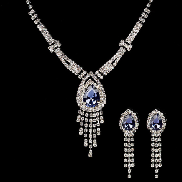 Zestawy biżuterii ślubnej: elegancki naszyjnik i kolczyki ze zielonym/fioletowym kamieniem Rhinestone i kryształowym zakończeniem tassel - Wianko - 4