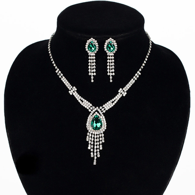 Zestawy biżuterii ślubnej: elegancki naszyjnik i kolczyki ze zielonym/fioletowym kamieniem Rhinestone i kryształowym zakończeniem tassel - Wianko - 6