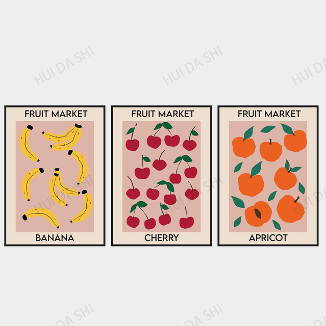 Plakat rynku owoców - banan, Aprıcor, wiśnia z nadrukiem cytryn - Wall Art na płótnie abstrakcyjne z cyfrowym nadrukiem - Wianko - 2