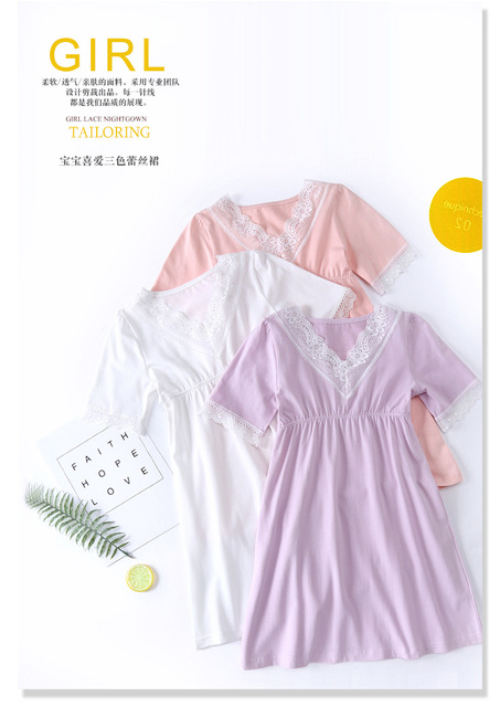 Koszula nocna dziewczynki - koronkowe, krótki rękaw, dekolt sznurowany - Wianko - 3
