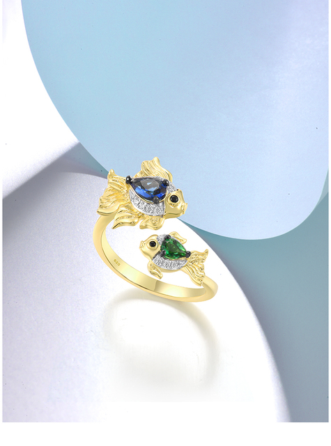 Pierścień damski z czystego srebra 925, ozdobiony niebieskozielonymi musującymi kamieniami CZ, motywem ryby, regulowany - biżuteria wysokiej jakości - Wianko - 3