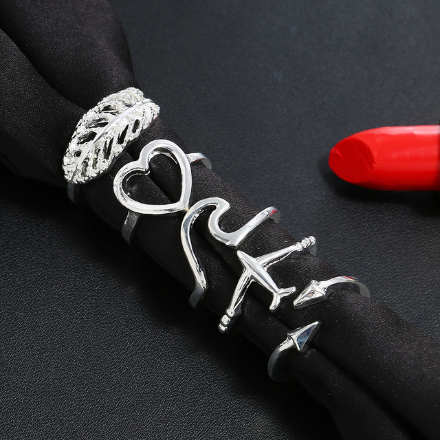 Zestaw 5 pierścionków Boho w antycznym srebrnym kolorze z motywem pióra samolotu, sercem, strzałką i mini pierścieniem - moda dla kobiet - Wianko - 7