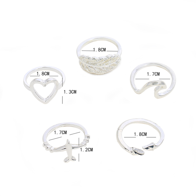 Zestaw 5 pierścionków Boho w antycznym srebrnym kolorze z motywem pióra samolotu, sercem, strzałką i mini pierścieniem - moda dla kobiet - Wianko - 3