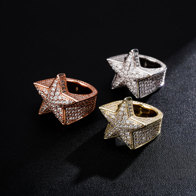 Pierścionek z pięcioma gwiazdami Micro Pave, inkrustowany cyrkoniami, w kolorze złotym, biżuteria Hip Hop Iced Crystal Cubic do prezentu - Wianko - 19