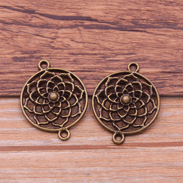 15 sztuk antycznych celebrytek, kwiatowe złączki do biżuterii - okrągłe Charms Lotus, 22X28mm, brązowy, nowy produkt DIY Handmade Craft - Wianko - 9