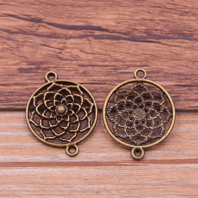 15 sztuk antycznych celebrytek, kwiatowe złączki do biżuterii - okrągłe Charms Lotus, 22X28mm, brązowy, nowy produkt DIY Handmade Craft - Wianko - 11