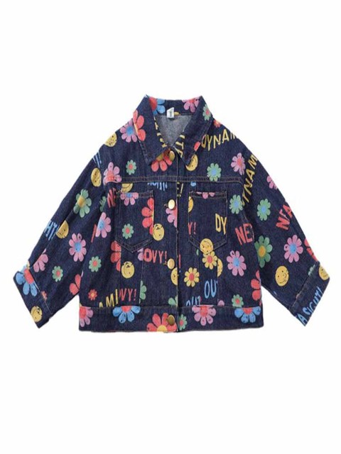 Dżinsowa kurtka dziecięca z długim rękawem, wzór kwiatowy, w ładnym kolorze, marki Cultiseed - Wianko - 2