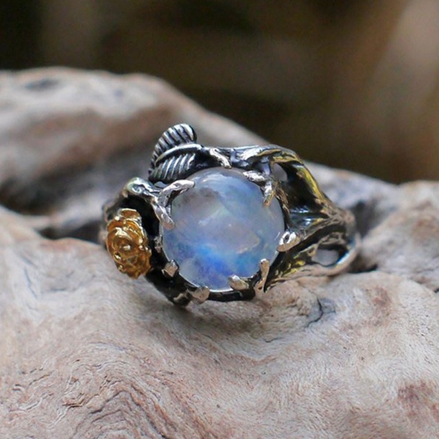 Pierścień kamień księżycowy w stylu vintage z naturalnym kamieniem w formie liścia drzewa - Wianko - 3