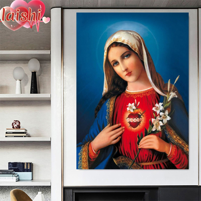 5D DIY diamentowy obraz religijny - święte serce Pani - pełny kwadrat/okrągły - dekoracja domowa - Wianko - 4