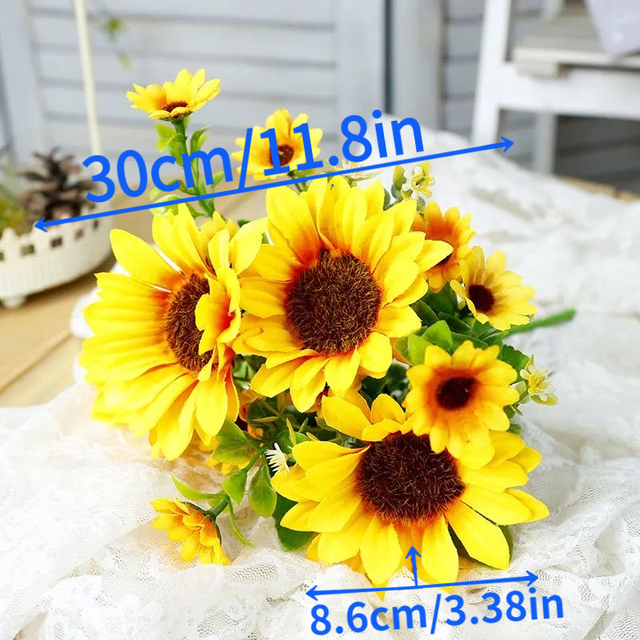 Głowy słonecznika - 7 sztuk - bukiet z wysokiej jakości sztucznych jedwabnych kwiatów w stylu europejskim do dekoracji domu, ślubnego stołu - Wianko - 2