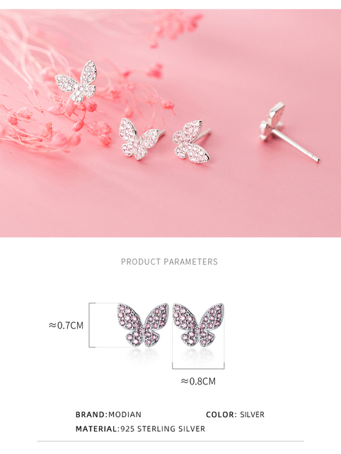 Kolczyki dla kobiet MODIAN ze srebrnym motywem motyla i różowymi kryształami, wykonane z prawdziwego srebra 925, antyalergiczne - Wianko - 2
