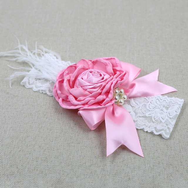 Pałąk z elastyczną miękką koronką z różowym jedwabnym wstążką, ozdobiony perłowymi kwiatami - 10 sztuk - Wianko - 6