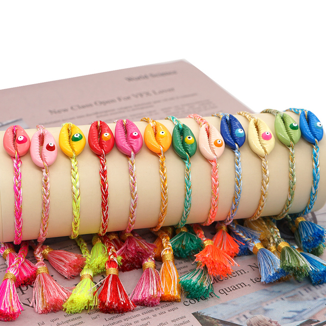 Bransoletki plecione z muszli i kolorowymi tasiemkami - regulowane, dla kobiet - Wianko - 2