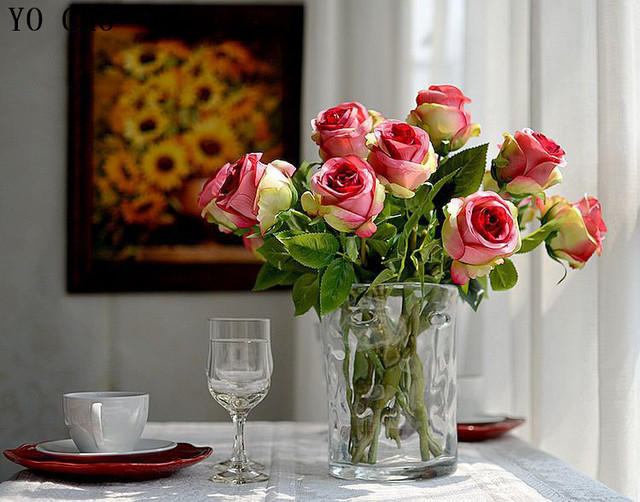 Modne wysokiej jakości europejskiej symulacji kwiat róży - 10 sztuk/fałszywy kwiat jedwabiu - Wianko - 4