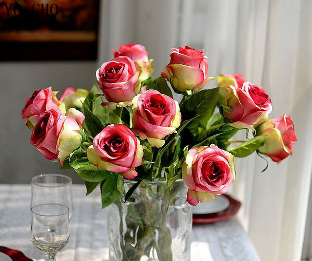 Modne wysokiej jakości europejskiej symulacji kwiat róży - 10 sztuk/fałszywy kwiat jedwabiu - Wianko - 5