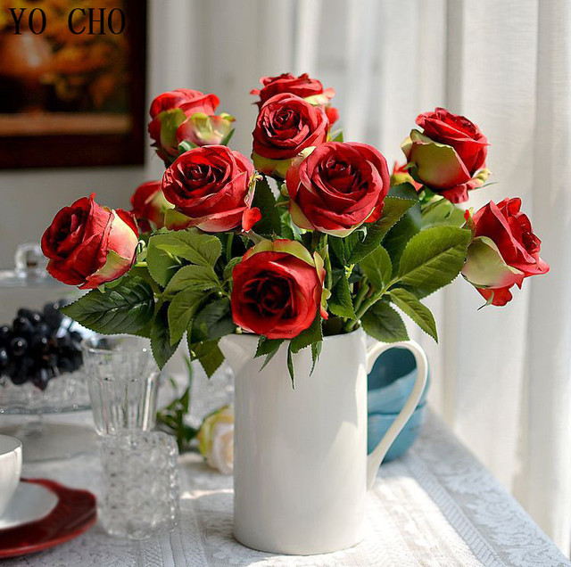 Modne wysokiej jakości europejskiej symulacji kwiat róży - 10 sztuk/fałszywy kwiat jedwabiu - Wianko - 7