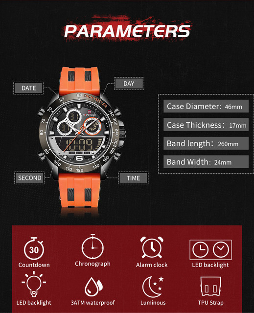 Męskie zegarki NAVIFORCE - moda, pomarańczowy pasek, cyfrowy chronograf, kwarcowy, wojskowy, wodoodporny - Wianko - 5