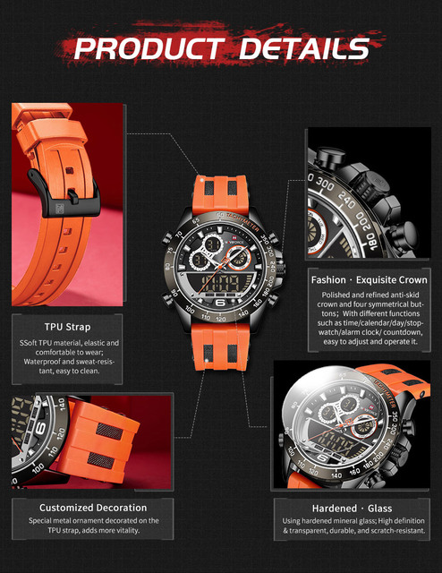 Męskie zegarki NAVIFORCE - moda, pomarańczowy pasek, cyfrowy chronograf, kwarcowy, wojskowy, wodoodporny - Wianko - 9