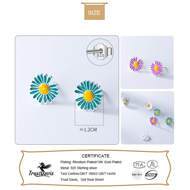 Kolczyki TrustDavis z glazurowanym srebrnym kwiatem 925 dla kobiet - modna biżuteria DA2673 - Wianko - 2