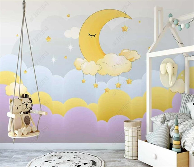 Ręcznie malowane chmury na niebie z księżycem - tapeta ścienna 3D dla dzieci - Wianko - 3