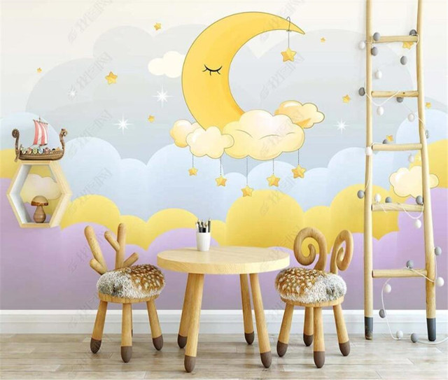 Ręcznie malowane chmury na niebie z księżycem - tapeta ścienna 3D dla dzieci - Wianko - 4