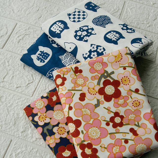 Japońska tkanina bawełniana 100% z motywem kwiatu wiśni, królika i kota - idealna do szycia odzieży i dodatków do wnętrz - Wianko - 2
