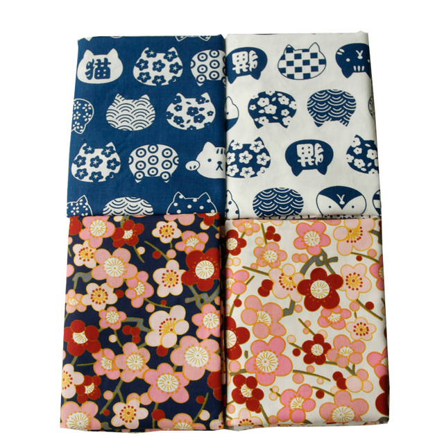 Japońska tkanina bawełniana 100% z motywem kwiatu wiśni, królika i kota - idealna do szycia odzieży i dodatków do wnętrz - Wianko - 1